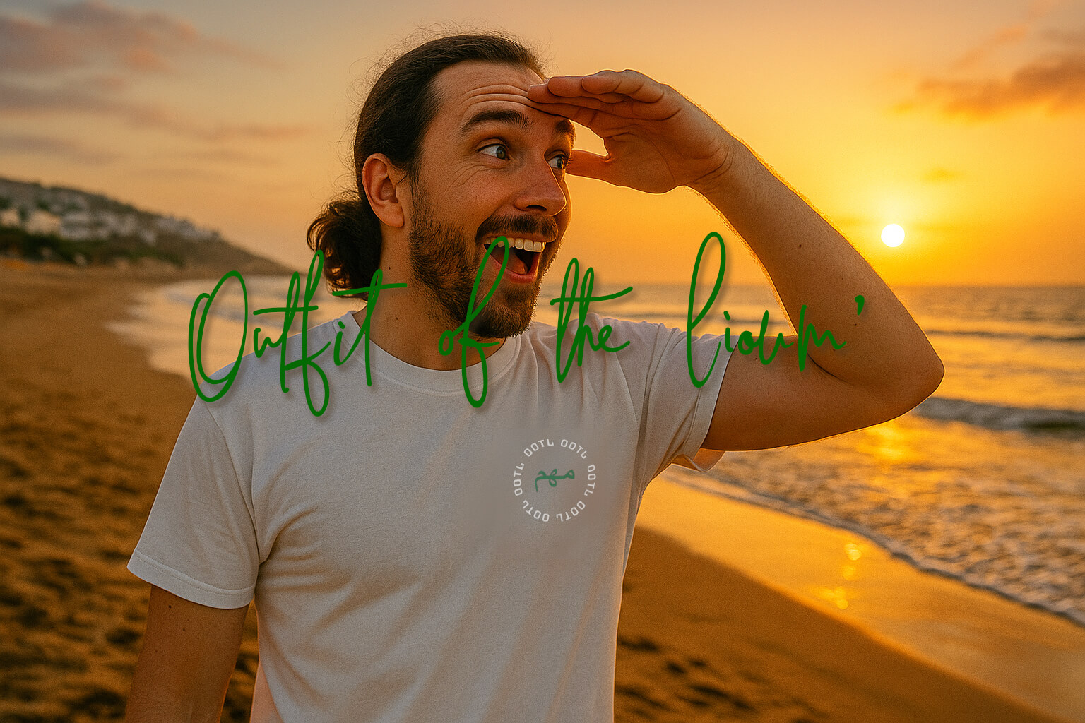 Brian fait une posture drôle devant un joli coucher de soleil afin de mettre en avant sa marque OOTL (Outfit Of The Lioum).